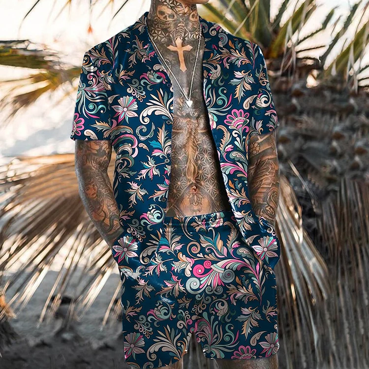 BrosWear Hawaiian Floral Short Sleeve Shirt Set