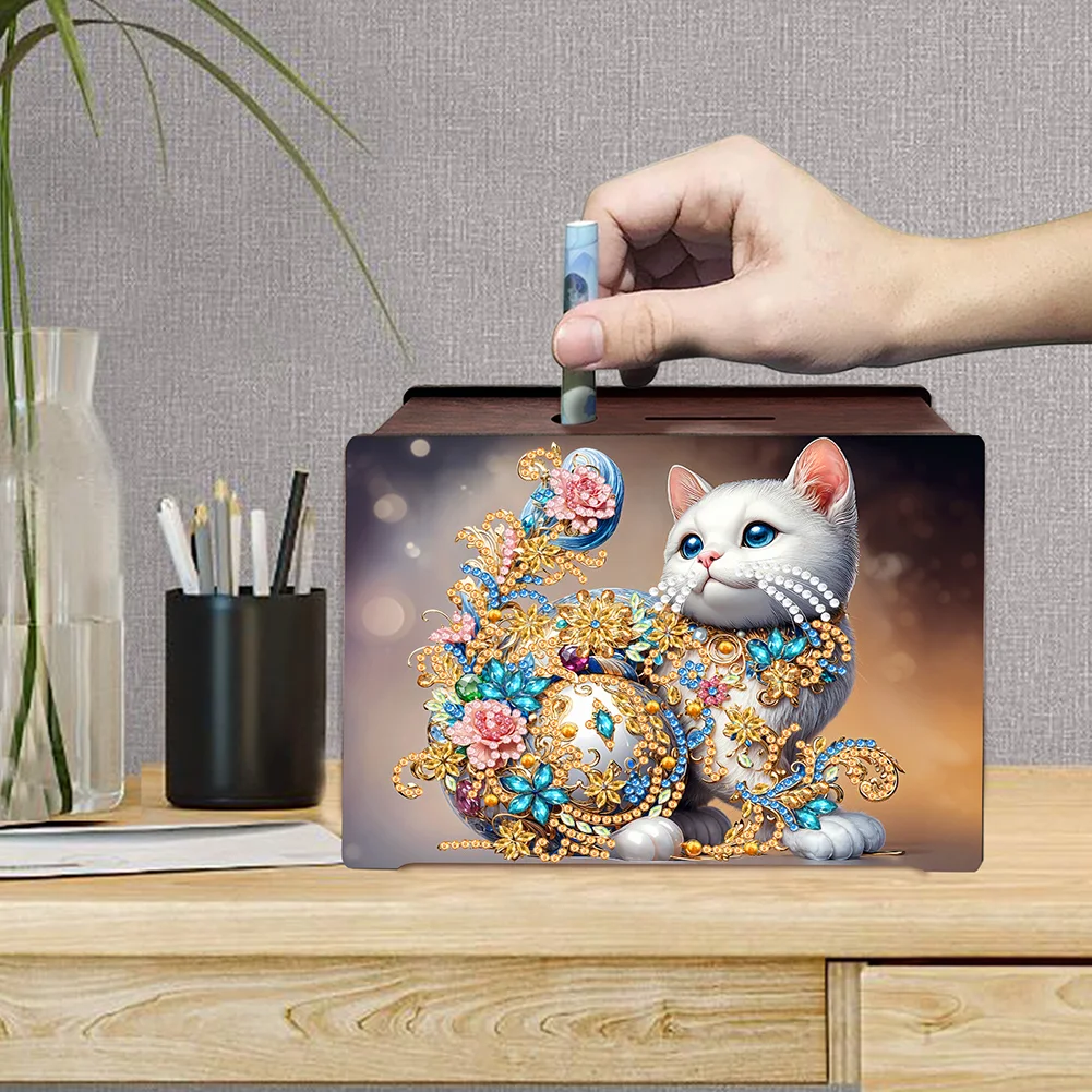 DIY Wooden Cat Diamond Painting Money Saving Box Desktop Coin Bank for Home Decor