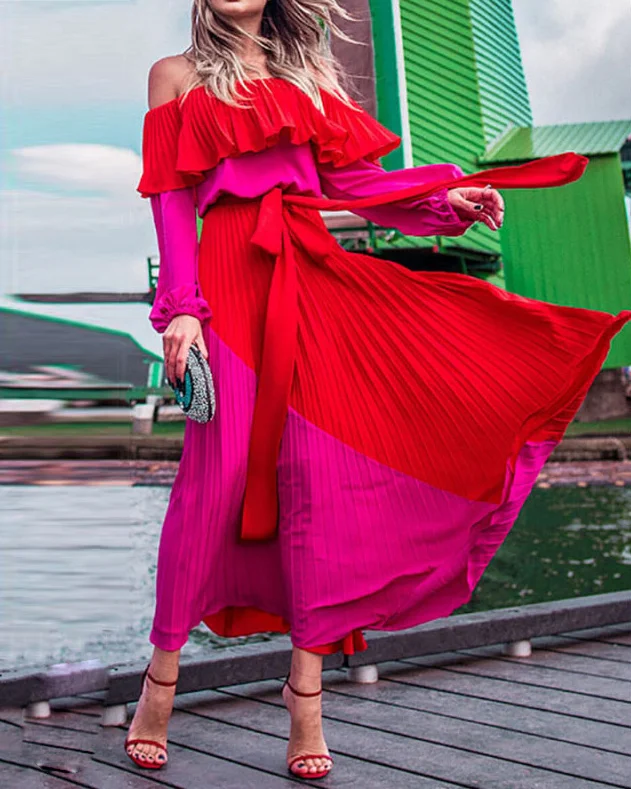 Off-the-shoulder off-the-shoulder irregular color-block pleated dress