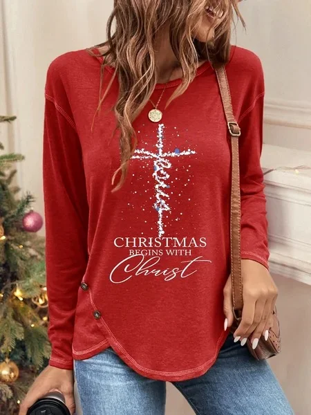 Long-Sleeve Christmas Printed T-shirt