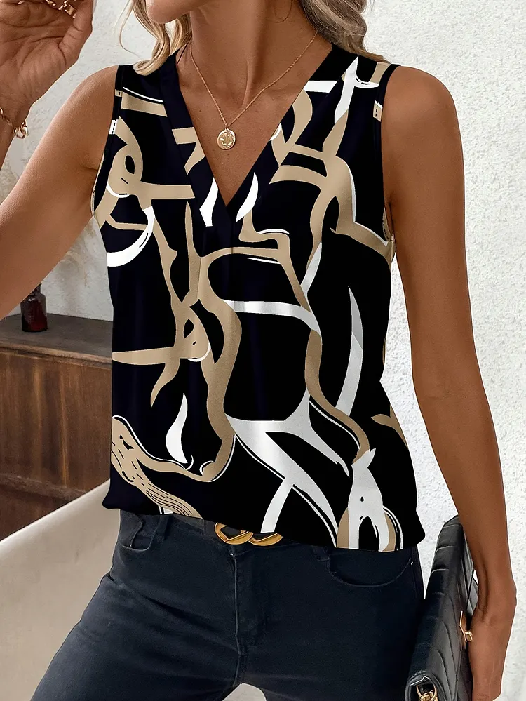 Tingyun Womens Elegant Sleeveless V-Neck Geometric Print Tank Top Black Beige Abstract