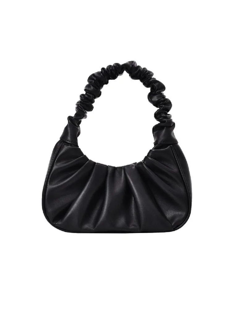 Elegant Pleated Handbag Women Leather Travel Totes Shoulder Bag (Black)