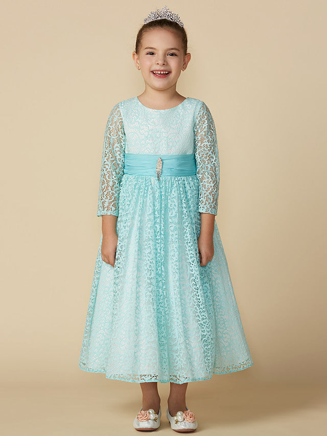A-Line Tea Length Party / Birthday Lace 3/4 Length Sleeve Jewel Neck With Sash / Ribbon / Crystal Brooch
