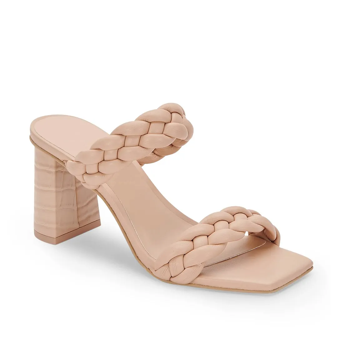 Women's Backless Square Open Toe Block Strappy Braided Heeled Sandals Light Color-vocosishoes
