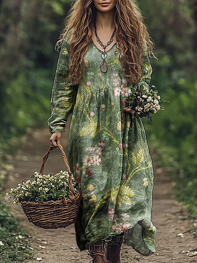 Women's Vintage Lovely Floral Art Print Pocket Cotton Dress
