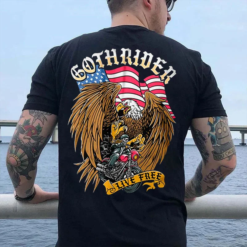 GOTH RIDER LIVE FREE Eagle&Skeleton Motorcyclist Print Men's T-shirt