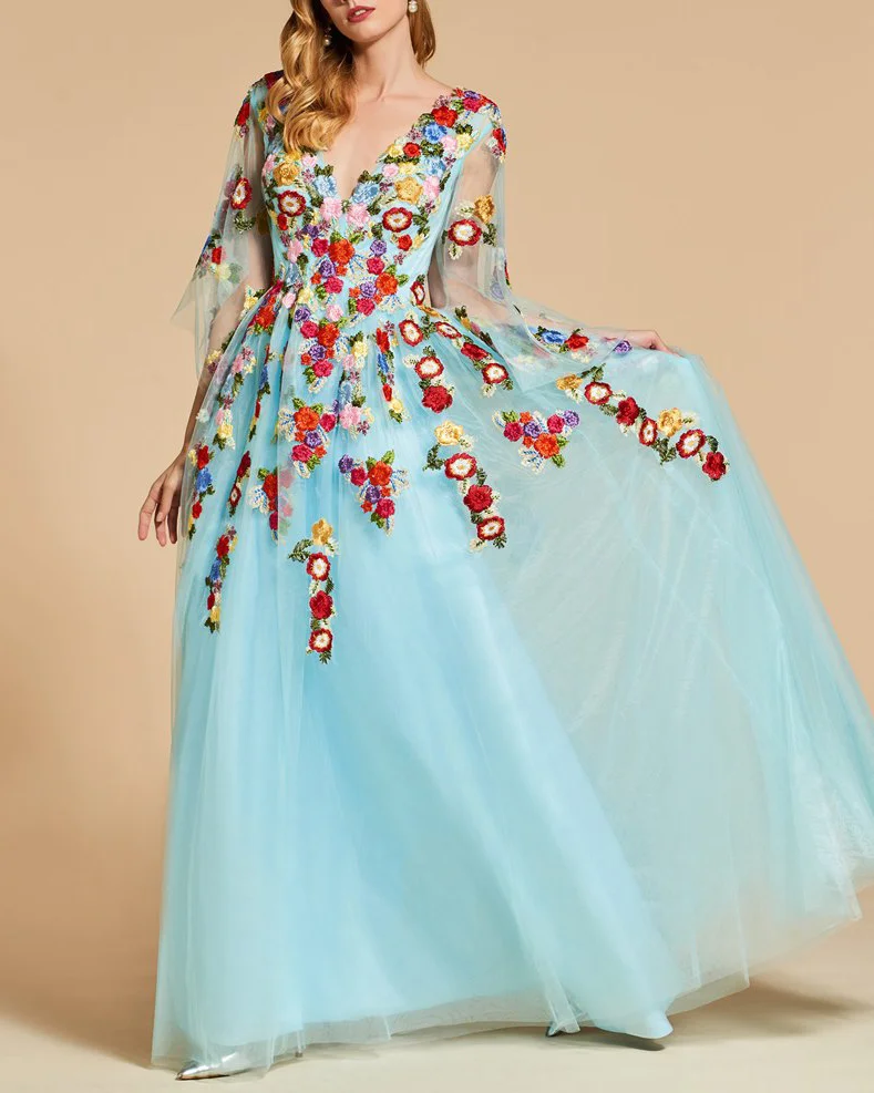 Floral Embroidery Evening Dress with Sleeves