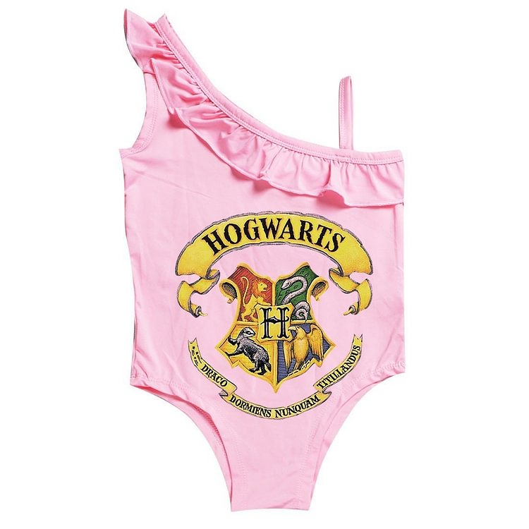 Mayoulove Harry Potter Hogwarts Print Little Girls Ruffle Shoulder One Piece Swimwear-Mayoulove