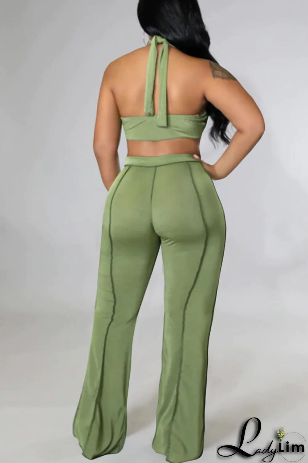 Black Sexy Solid Split Joint Backless Asymmetrical Halter Plus Size Two Pieces