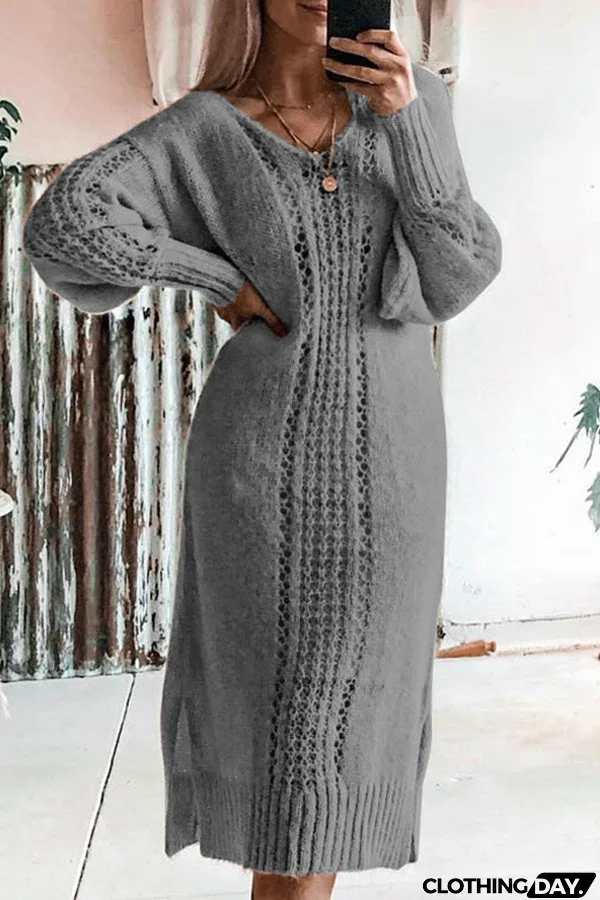 Solid Color V-neck Slit Sweater Dress
