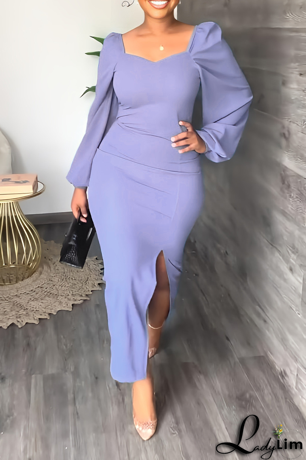 Sky Blue Fashion Solid High Opening Square Collar Pencil Skirt Dresses