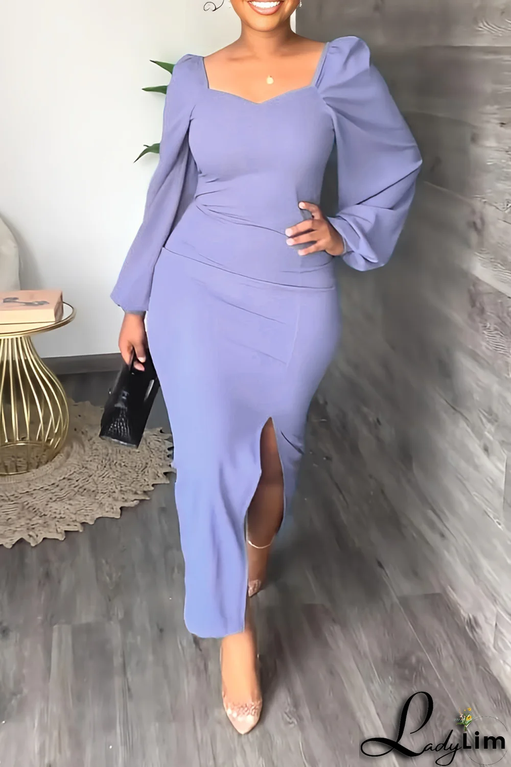 Sky Blue Fashion Solid High Opening Square Collar Pencil Skirt Dresses