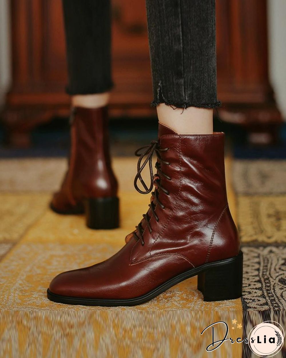 Pointed-toe Solid Color Lace-up Martin Boots