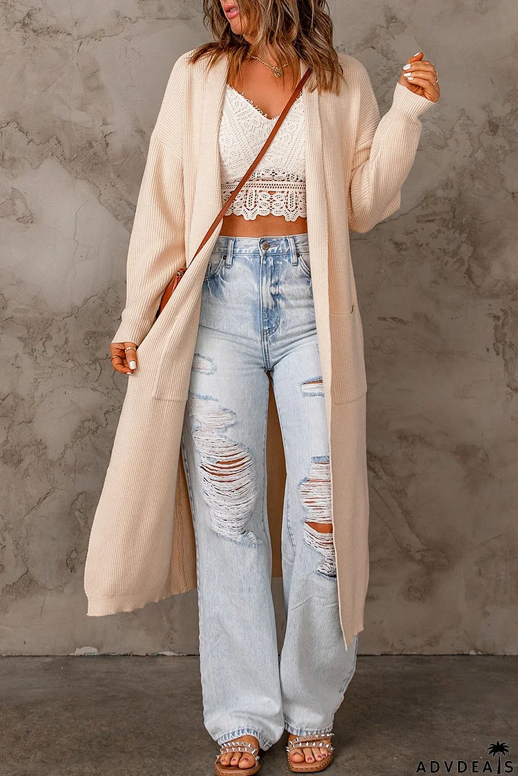 Beige Open Front Long Cardigan