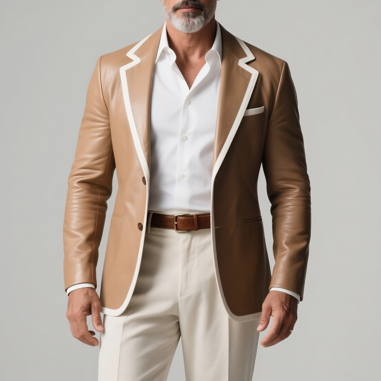Men's PU Leather Notched Lapel Long Sleeve Two Button Contrast Binding Blazer