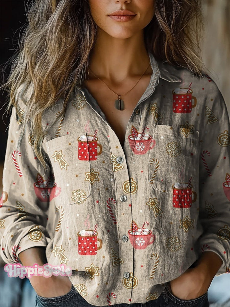 Christmas Biscuit And Hot Chocolate Pattern Printed Women’s Casual Long Sleeve Comfortable Cotton