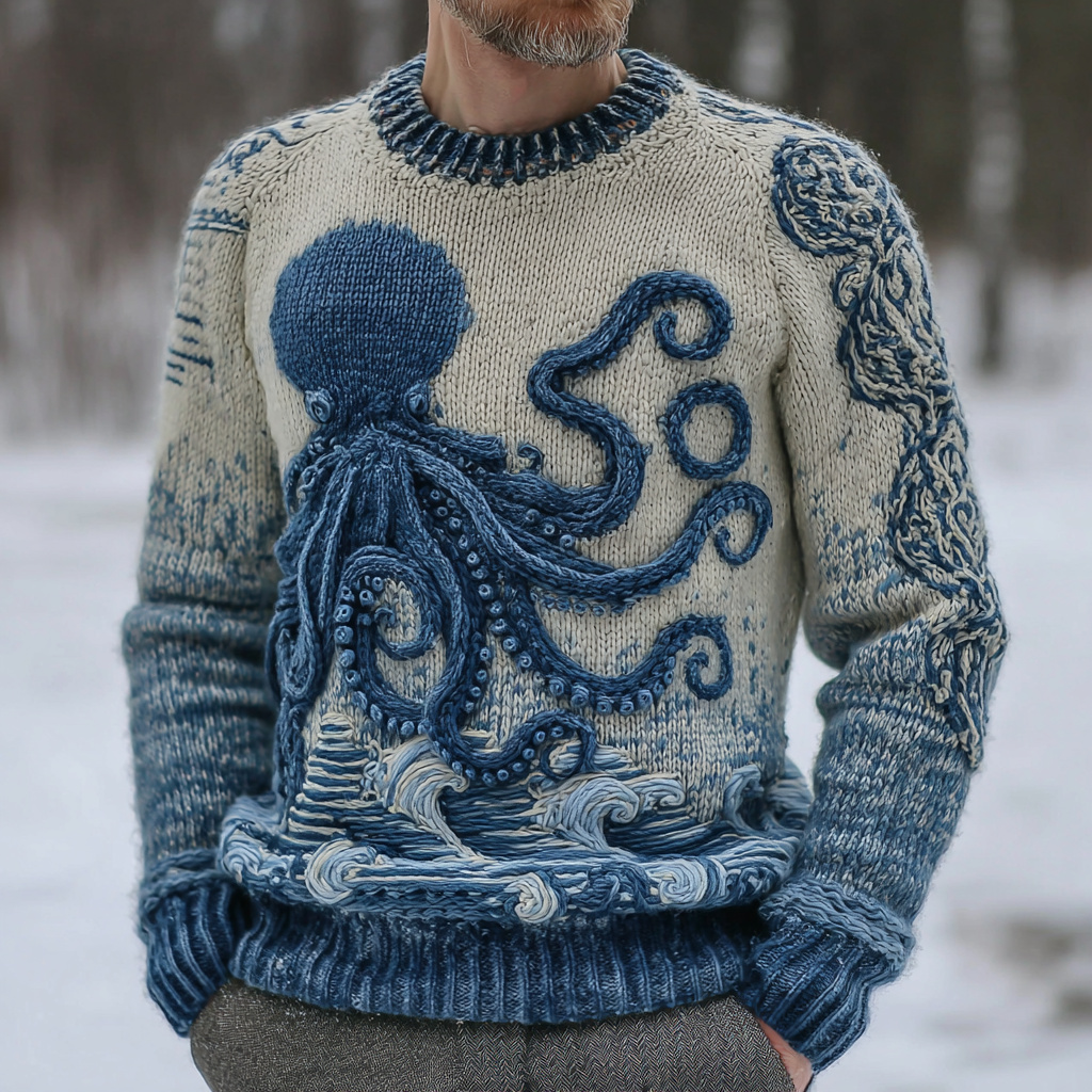 Men's Vintage Japanese Octopus Art Cozy Knit Pullover Sweater  artssus