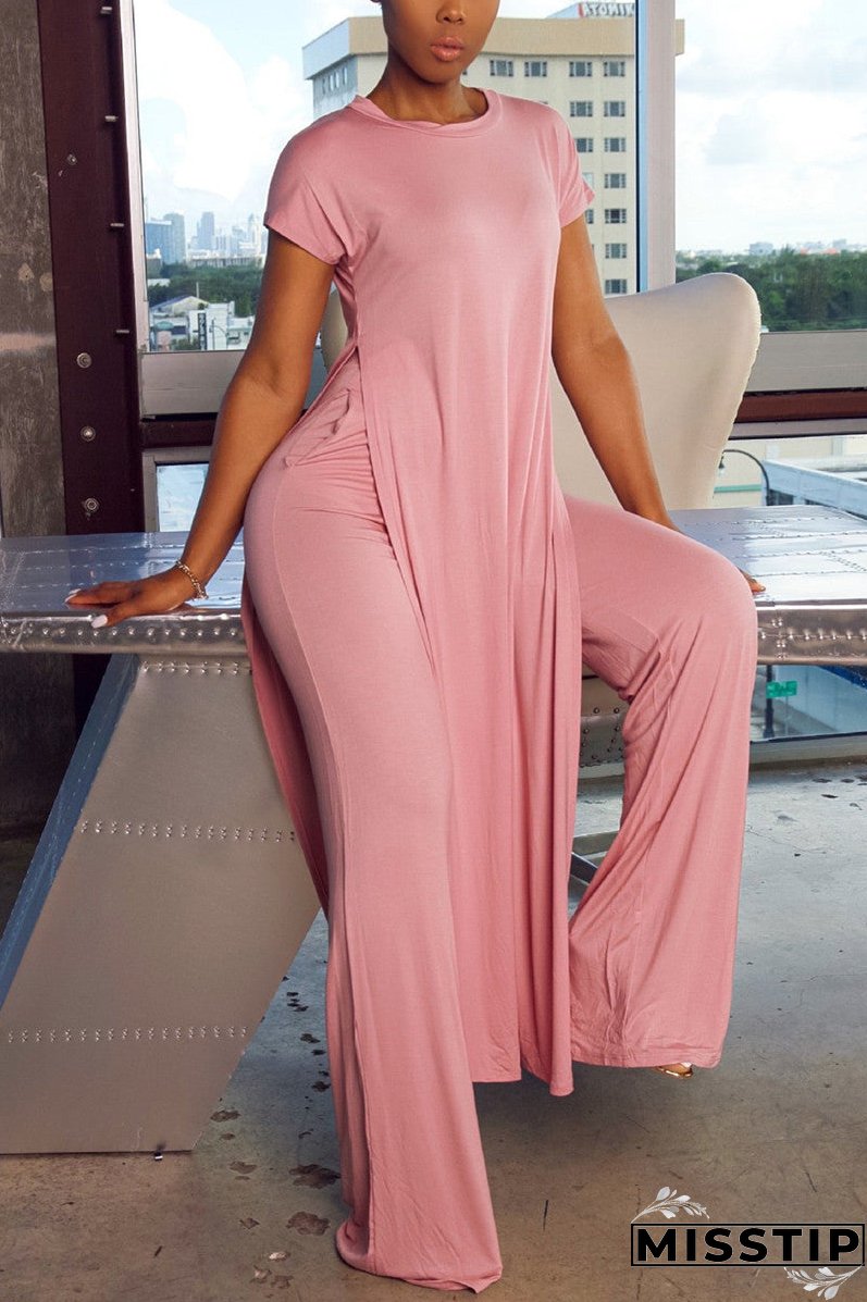 Fashion Casual Short Sleeve O Neck Regular Sleeve X Long Solid Two Pieces