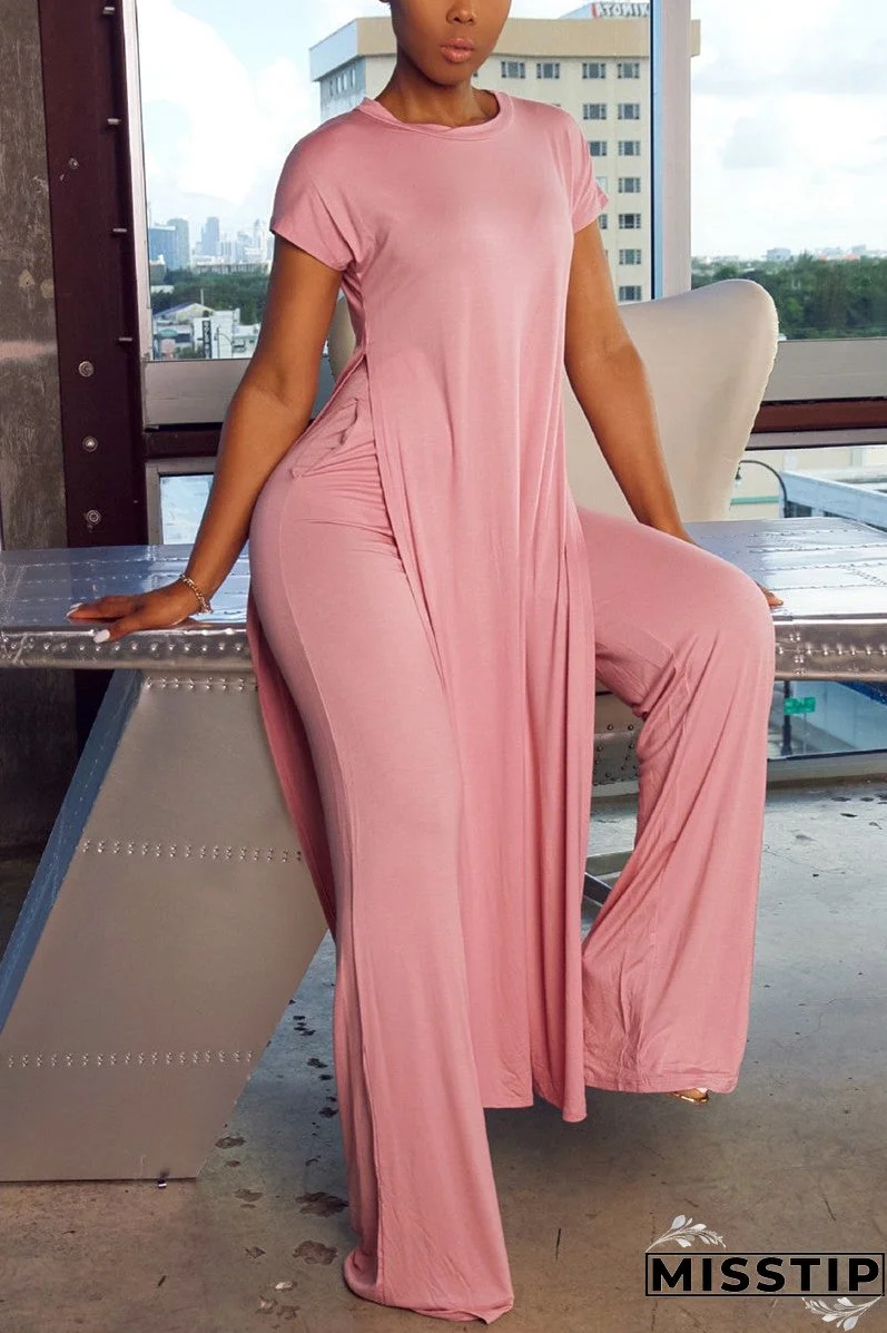 Fashion Casual Short Sleeve O Neck Regular Sleeve X Long Solid Two Pieces