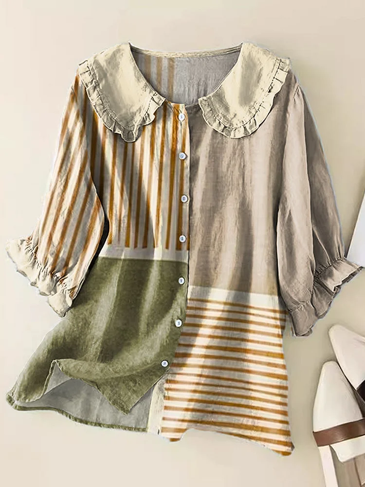 Women's Geometric Line Pattern Art Print Casual Peter Pan Collar Cotton Shirt