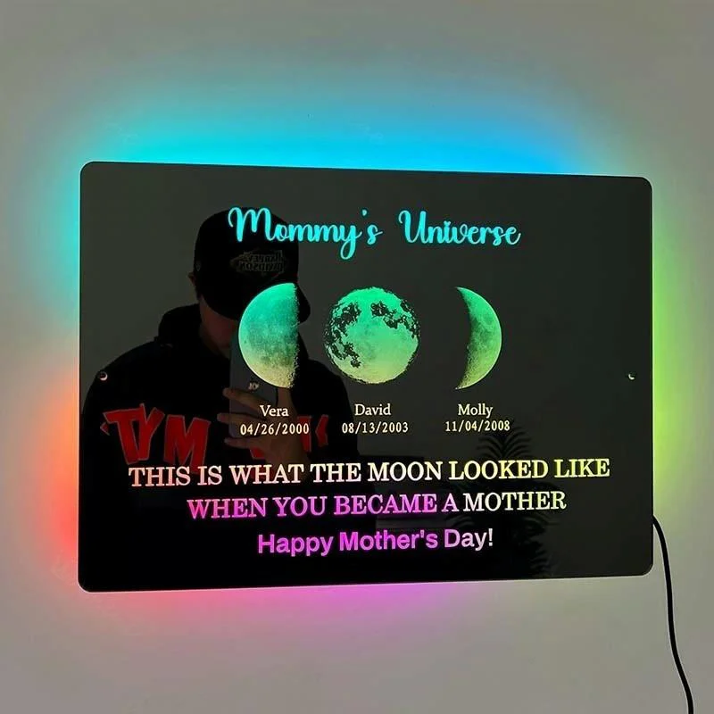 Loveyoufancy Custom Led Mirror Light Frame with text and date mom's universe