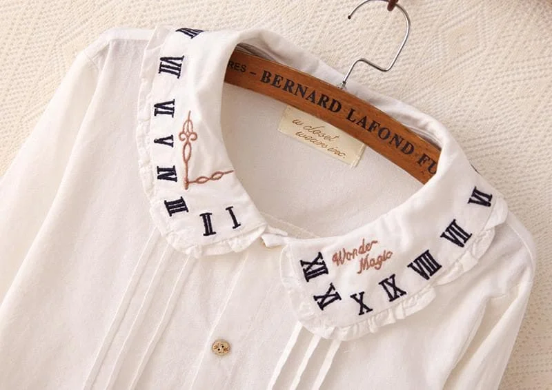 White Mori Girl Shirt With Clock Embroidery SP165108