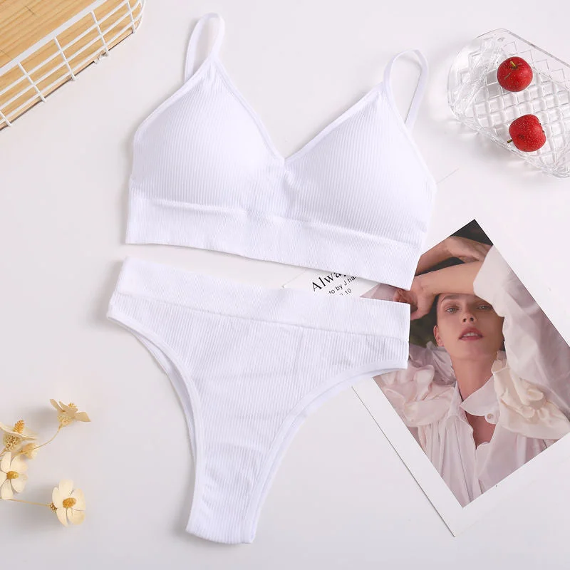 Women Bra Set Sexy Lingerie Suit Underwear Brassiere + Thong Panties Female Tank Crop Tops Set Bralette Black Blue Solid Color