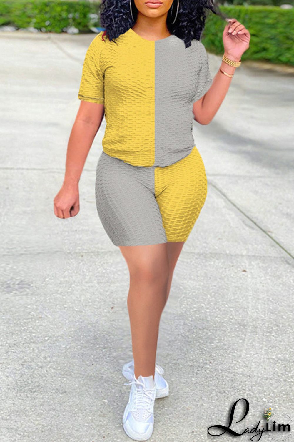 Yellow Grey Fashion Casual Solid Patchwork O Neck Short Sleeve Two Pieces