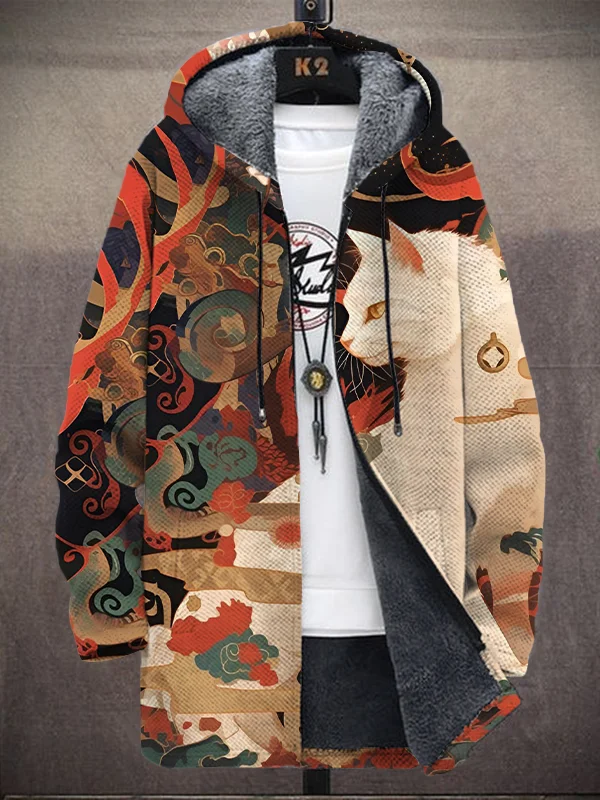 Men's Retro Cat Pattern Art Print Hooded Trench Coat