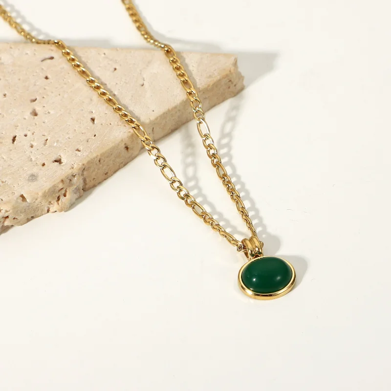 14K Gold Plated Emerald Round Pendant Necklace