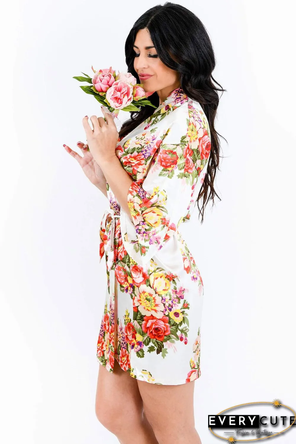 White Floral Bundles Robe with Belt