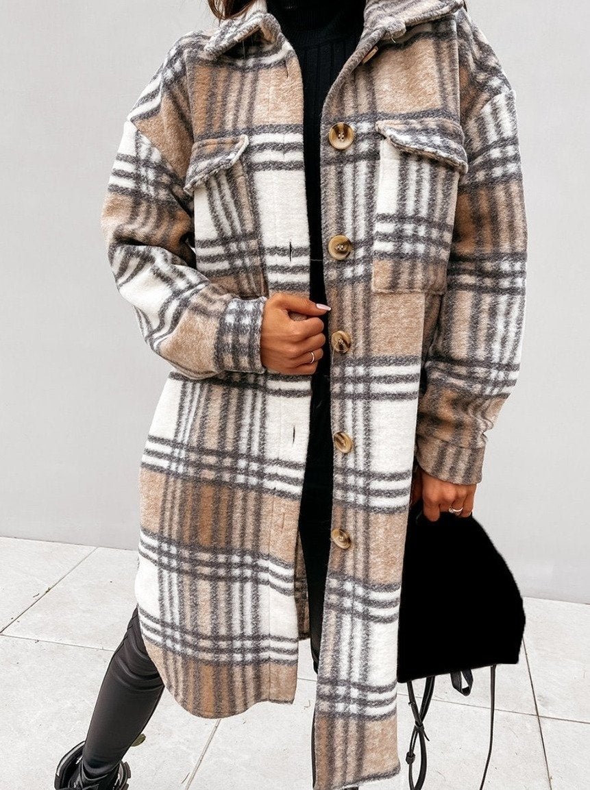Winter Fashion Plaid Woolen Long Coat