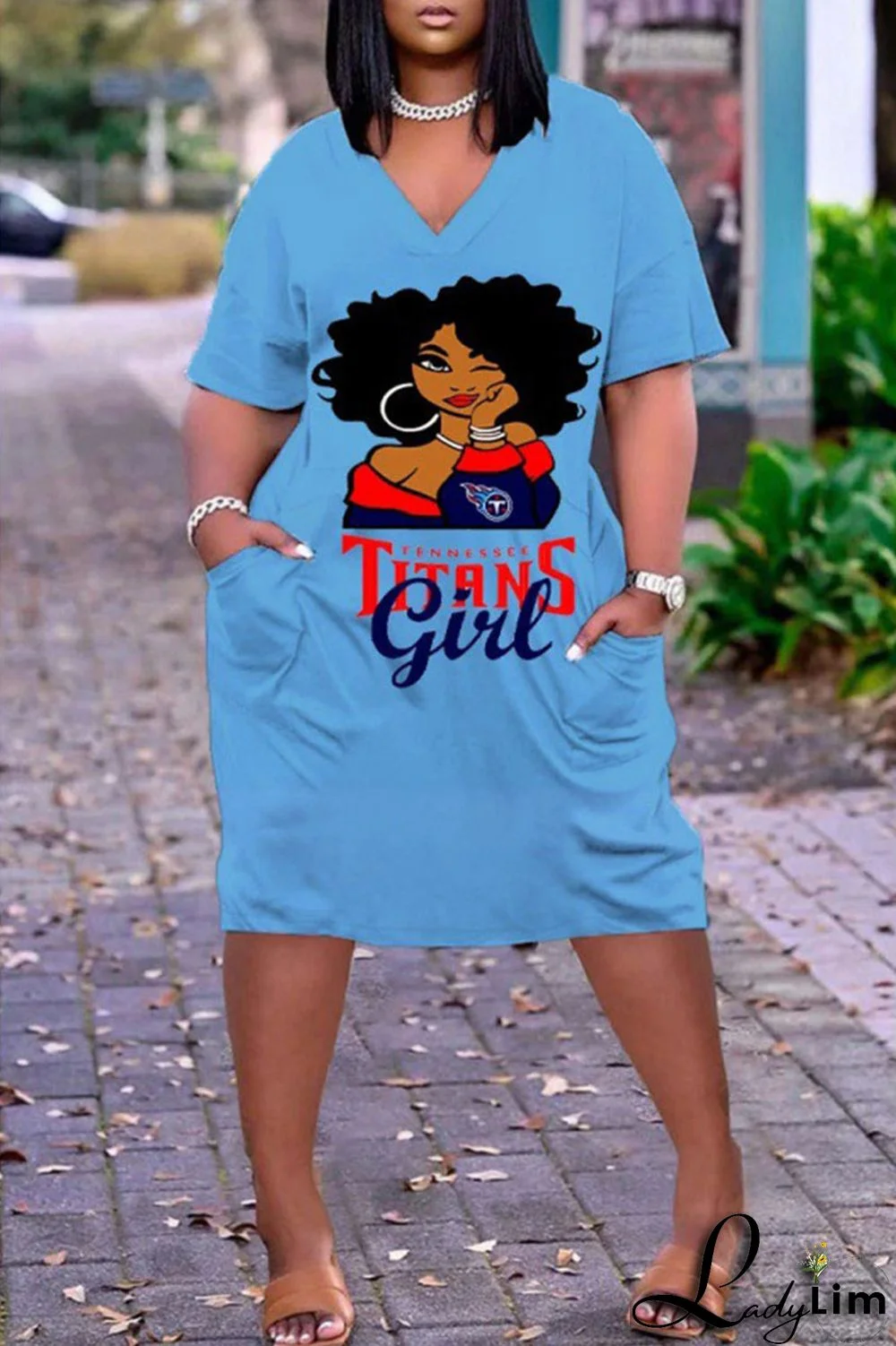 White Casual Print Split Joint Pocket V Neck Straight Dresses