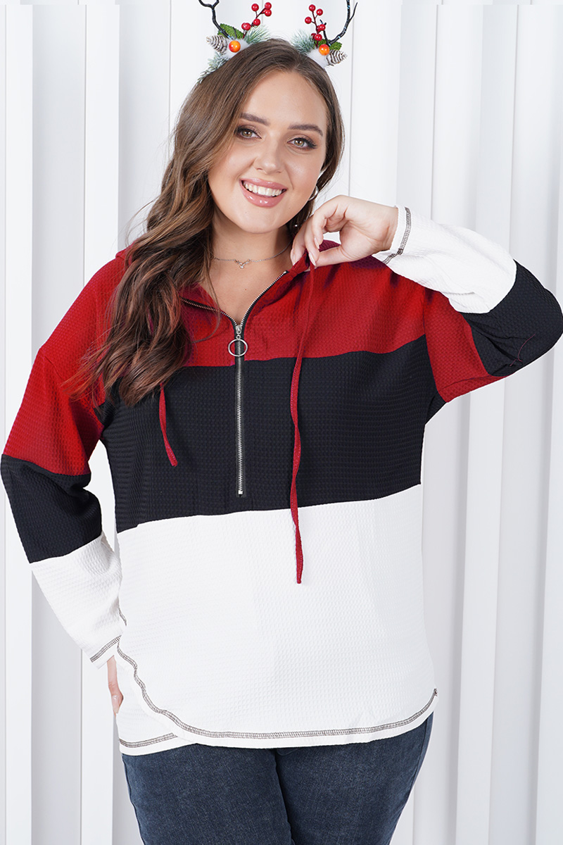 Flycurvy Plus Size Casual Red Colorblock Zipper Asymmetrical Hem Waffle Hoodie 2024 - Flycurvy 