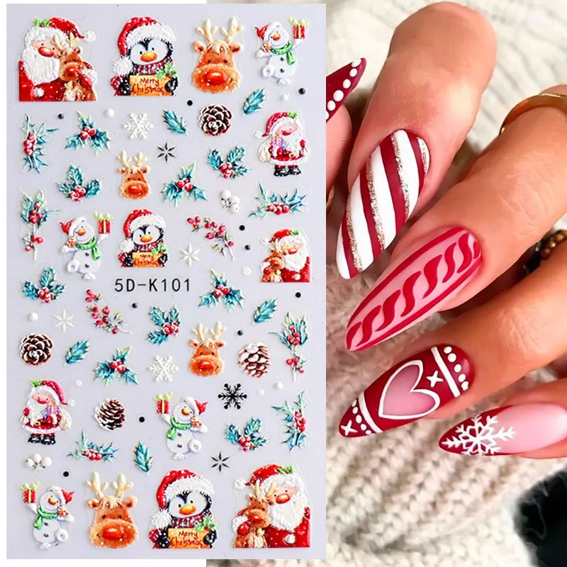 5D Winter Christmas Embossed Manicures Stickers Nail Art Decoration Bird Snowflakes Festive Design Xmas Decals For Manicuring