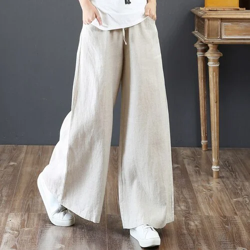 Casual Pants Women Linen Casual Ins S-3XL Female Elegant Popular Spring Baggy Ulzzang Drawstring Wide Leg Trouser 21 Colors Chic
