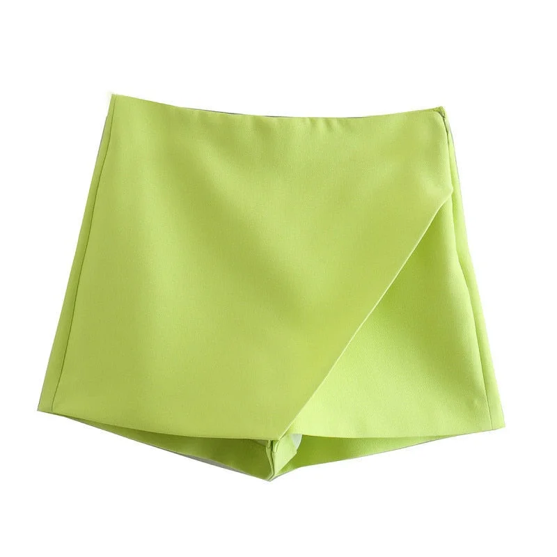 TRAF 2022 Green Skirt Shorts Women Pink High Waist Bermuda Shorts Woman Streetwear Asymmetric Skort Summer Casual Shorts Woman