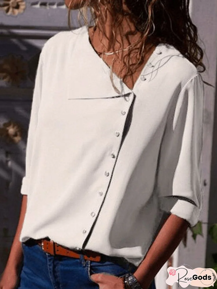 Shift Long Sleeve Casual Solid Buttoned Blouse