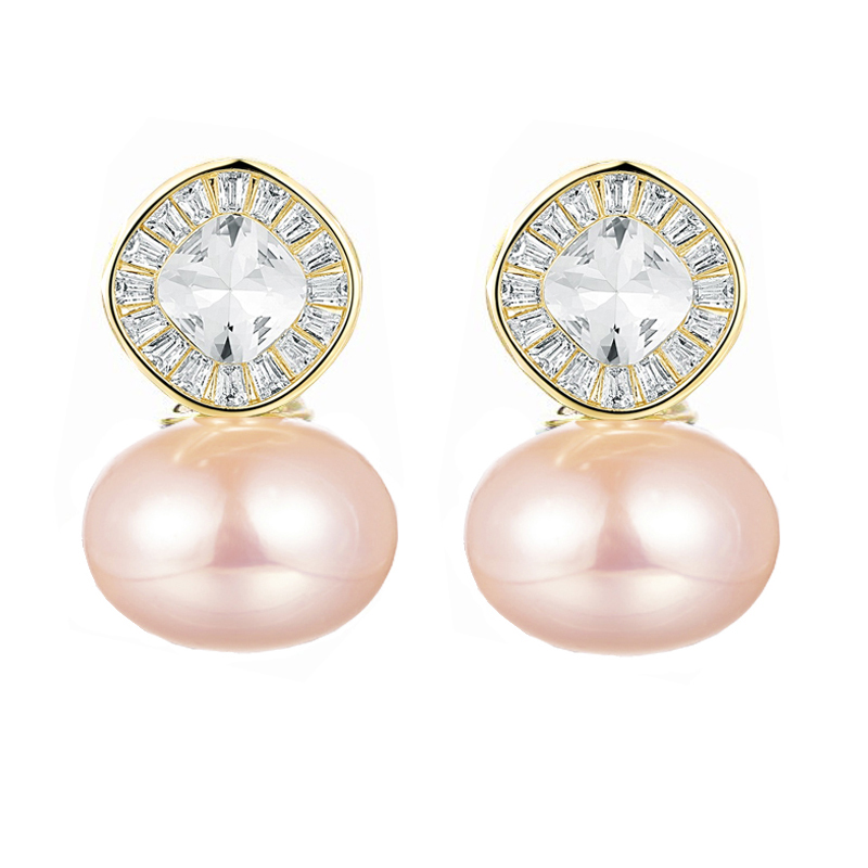 MIKAMU 14K Gold Plate Pearl Stud Earrings Cubic Zirconia Sparkle Pink Royal Blue Pearl Dangle Earrings for Women Drop Earrings for Women Jewelry Gift  
