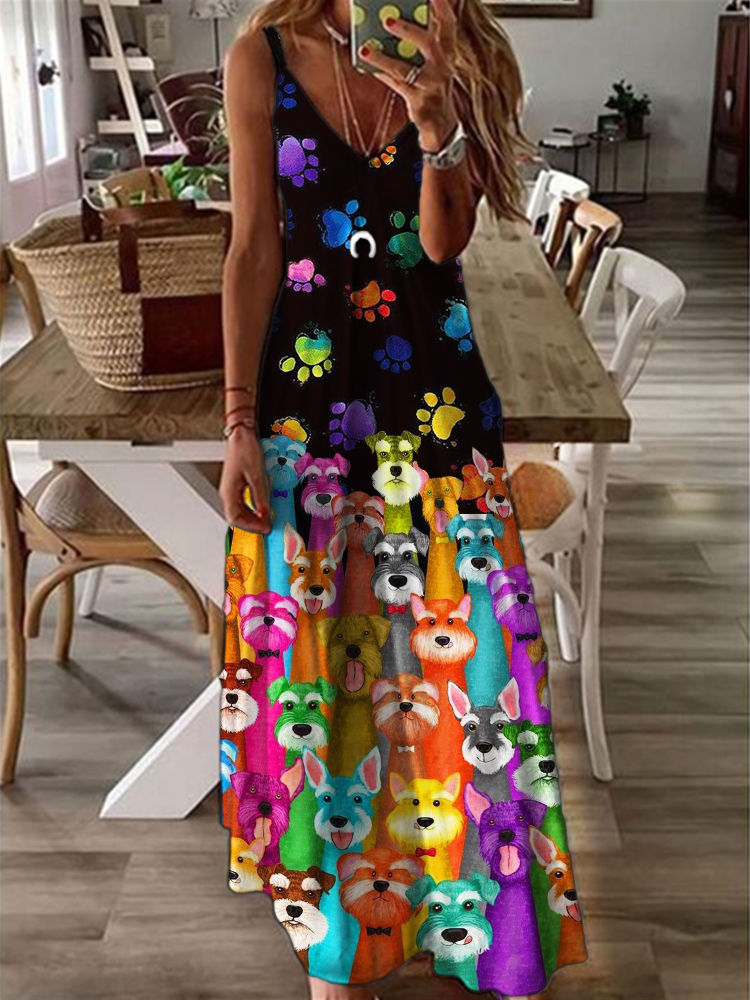 Colorful Dogs & Paw Prints V Neck Cami Maxi Dress wearshes