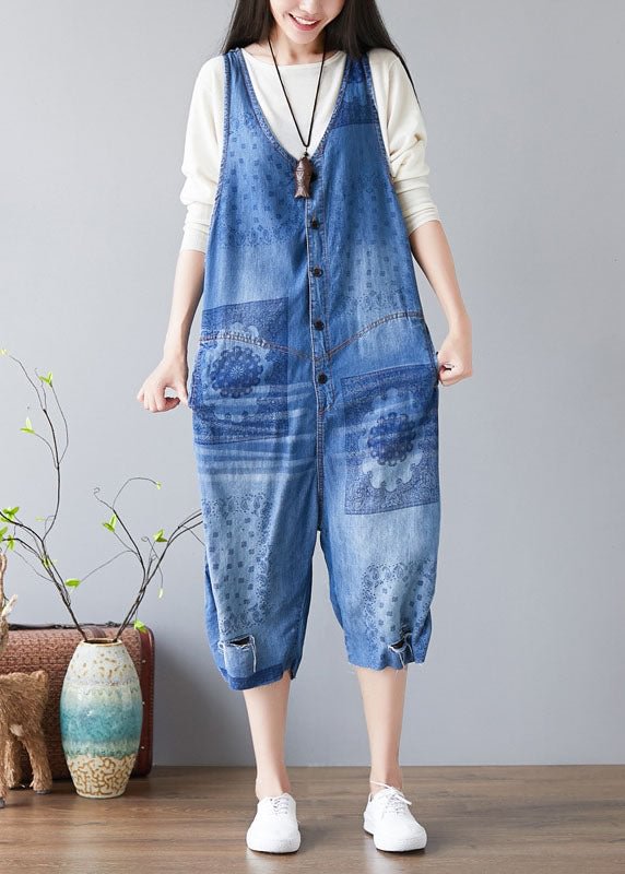 Handmade light Blue pockets V Neck Print Jumpsuit Spring CK2136- Fabulory