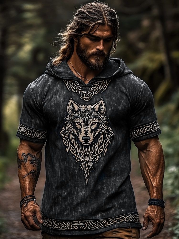 Men's Viking Tribal Celtic Knot Art Wolf Pattern Vintage Print Short Sleeve Hoodie / Rvogue / Rvogue