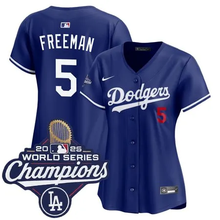 Women's Los Angeles Dodgers #5 Freddie Freeman  Royal 2025 World Series Champions Home Limited Jersey