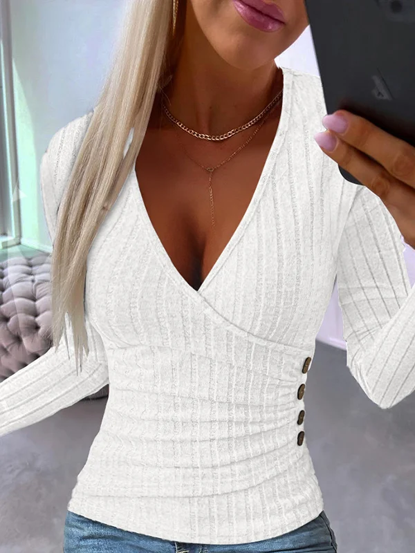 Buttoned Skinny Long Sleeves Deep V-Neck T-Shirts Tops