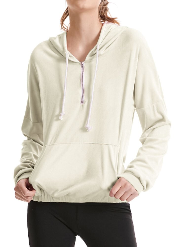 Solid Color Zip Front Drawstring Elastic Waist Fleece Hoodie - Life is Beautiful for You - SheChoic