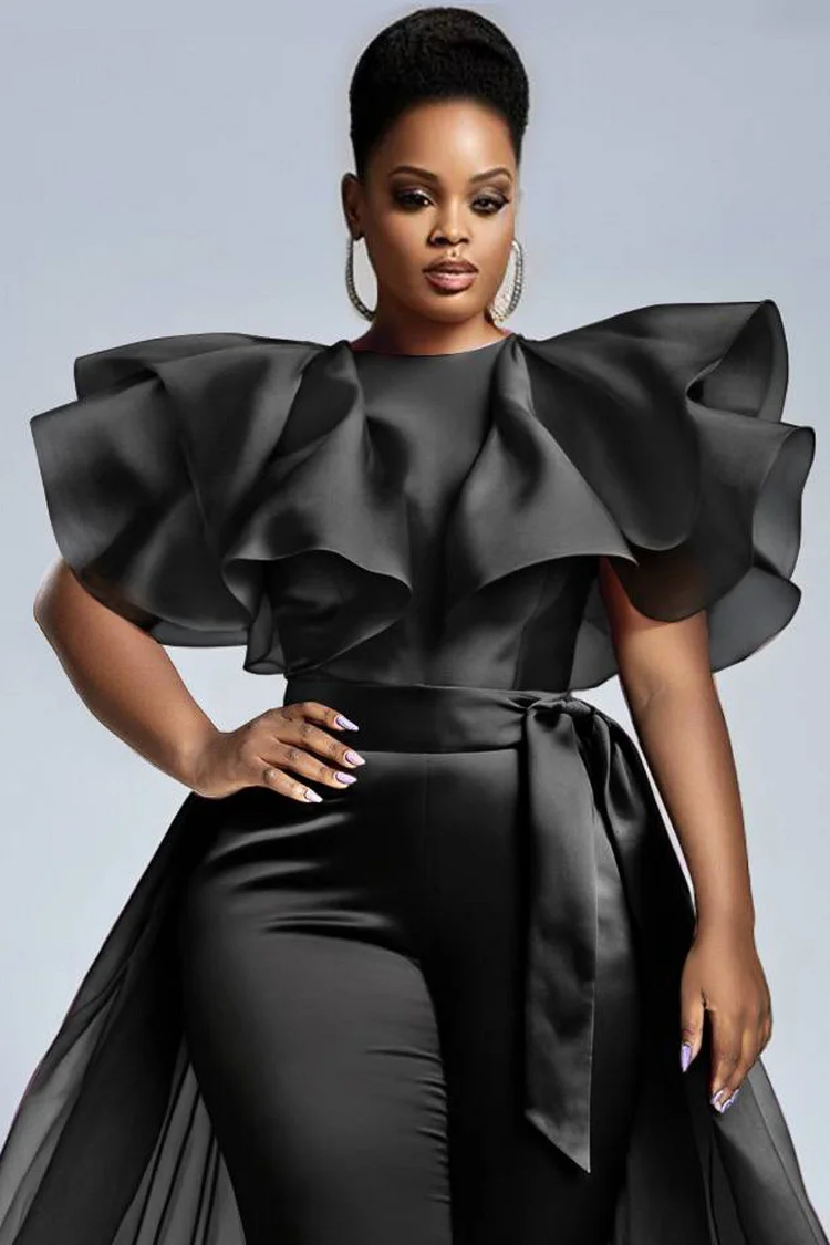 Xpluswear Design Plus Size Business Casual Black Elegant Round Neck Short Sleeve 3D With Skirt Overlay Tulle Jumpsuits [Pre-Order]