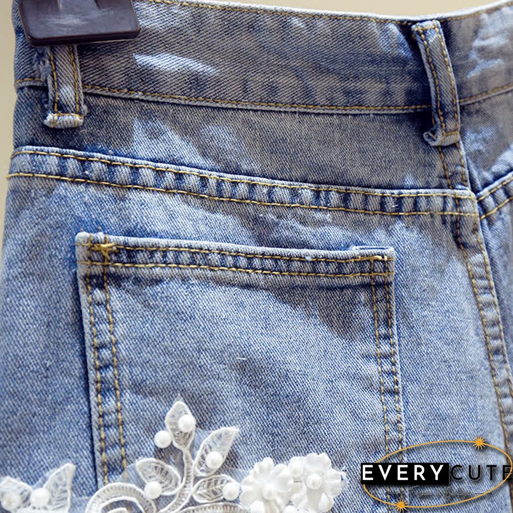 Blossom Embroidery Lace Denim Shorts