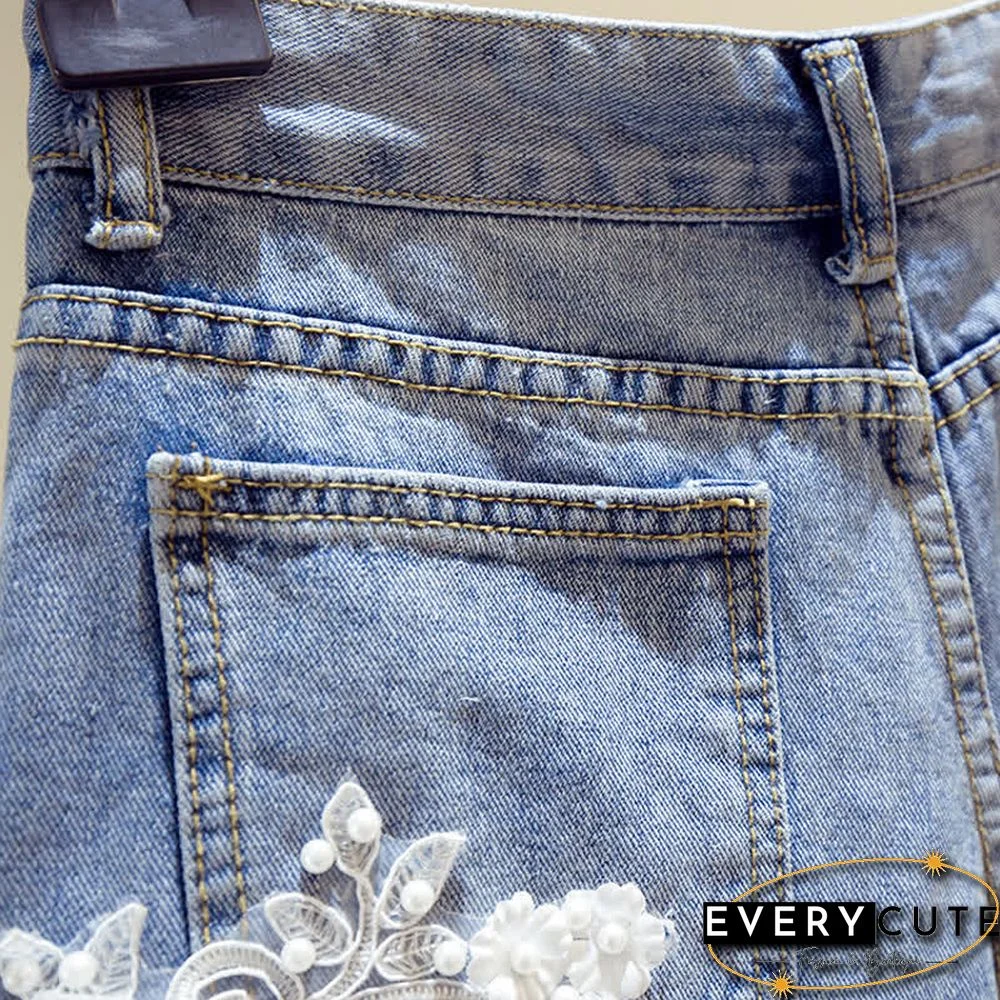 Blossom Embroidery Lace Denim Shorts