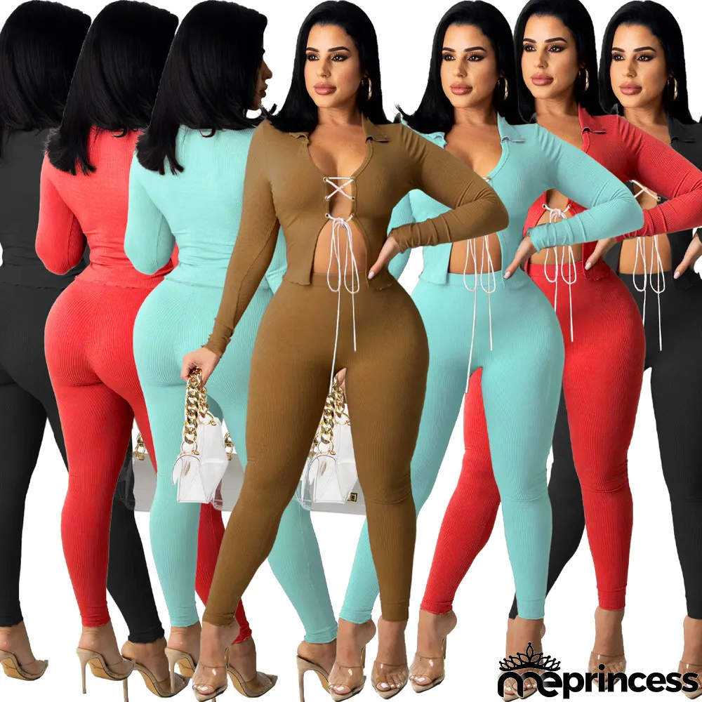 Solid Long Sleeve Lace-Up Two Piece Pants Set