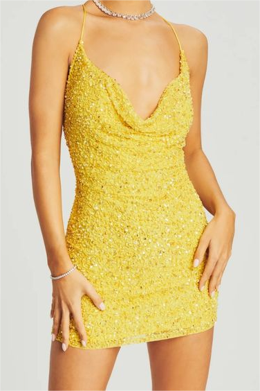 Hellodresses Yellow Sequins Spaghetti Strap Sleeveless Short Pleated Homecoming Dress 